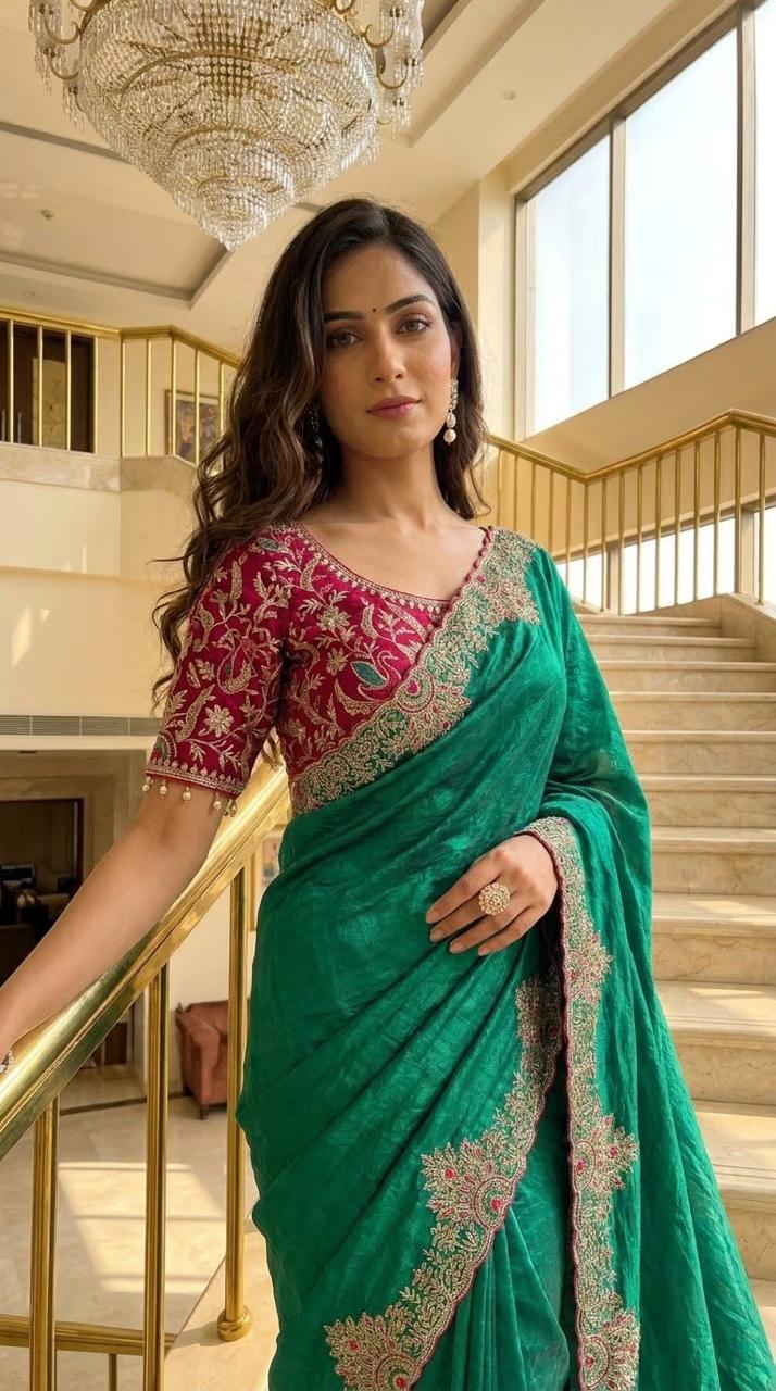 Emerald Green Designer Embroidered Saree with Ready-to-Wear Blouse