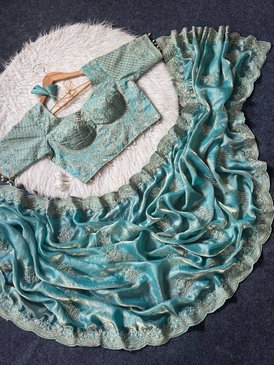 Lotus Embroidered Satin Saree with Readymade Katori Blouse