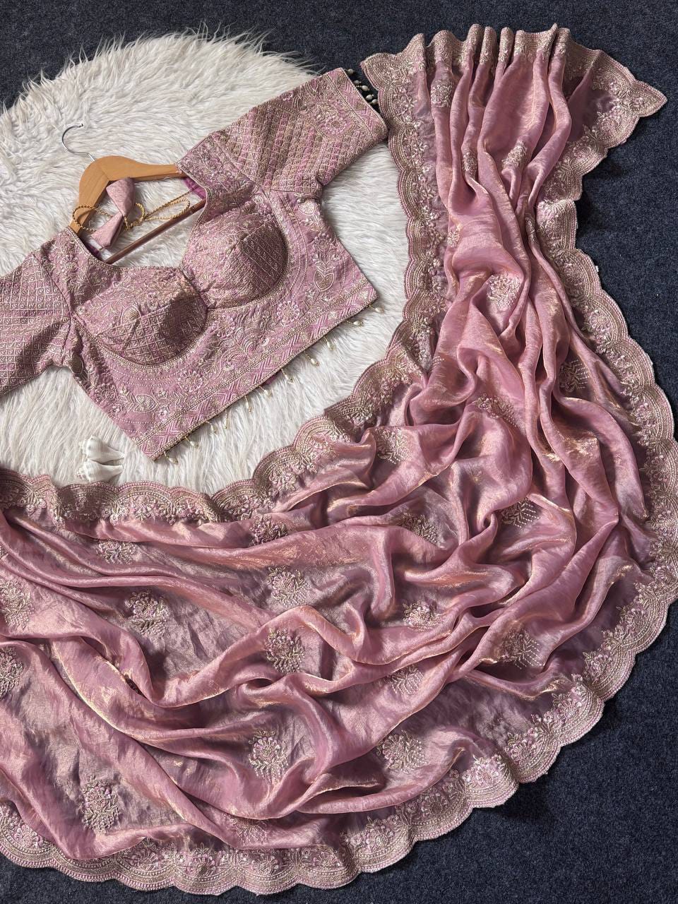 Lotus Embroidered Satin Saree with Readymade Katori Blouse