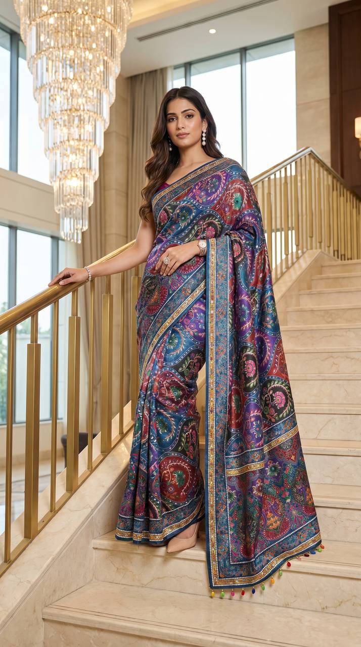 Multicolor Modal Silk Saree with Real Mirror Work & Position Print