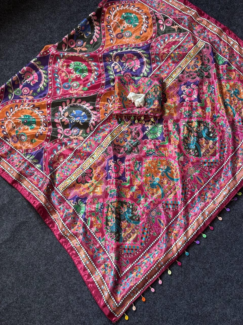 Multicolor Modal Silk Saree with Real Mirror Work & Position Print
