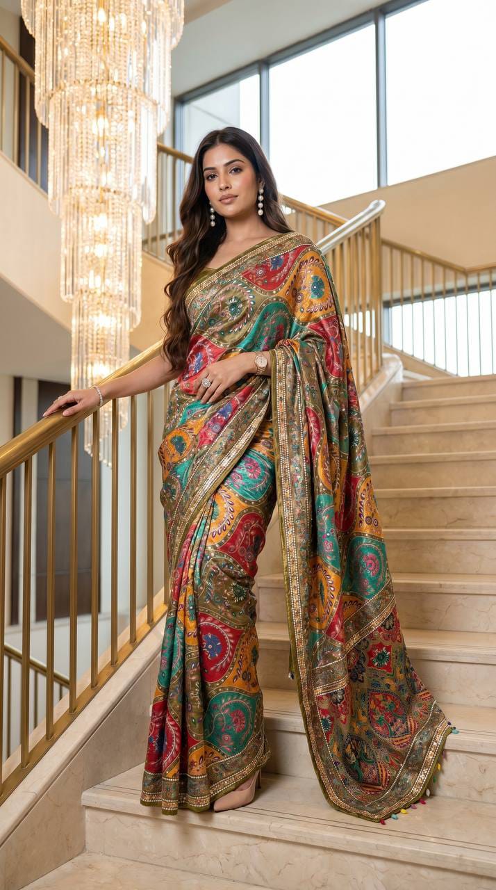 Multicolor Modal Silk Saree with Real Mirror Work & Position Print