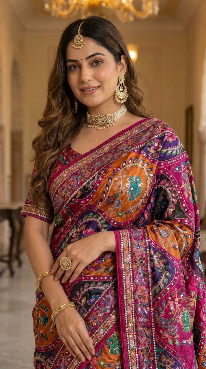 Multicolor Modal Silk Saree with Real Mirror Work & Position Print