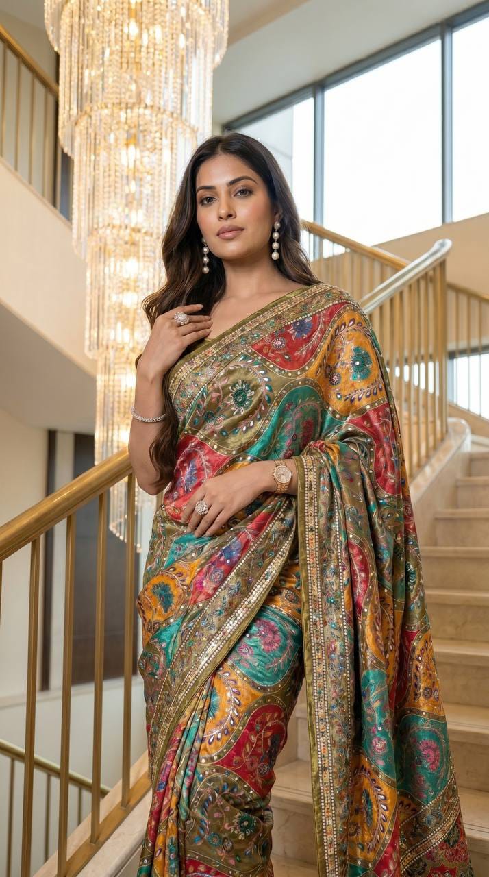 Multicolor Modal Silk Saree with Real Mirror Work & Position Print