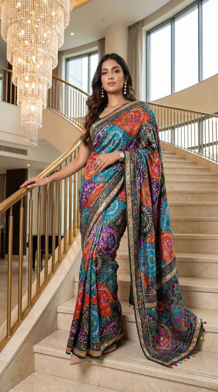 Multicolor Modal Silk Saree with Real Mirror Work & Position Print