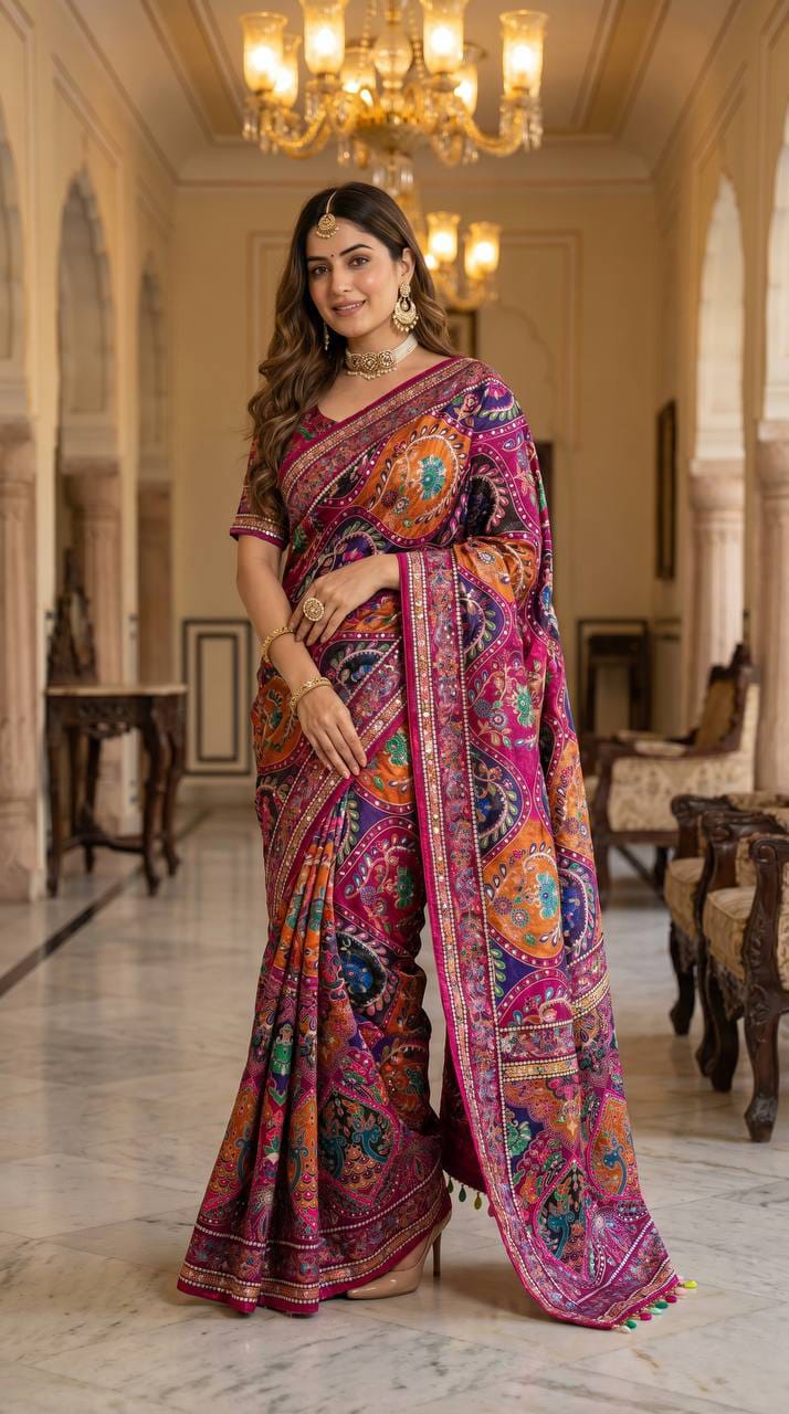 Multicolor Modal Silk Saree with Real Mirror Work & Position Print