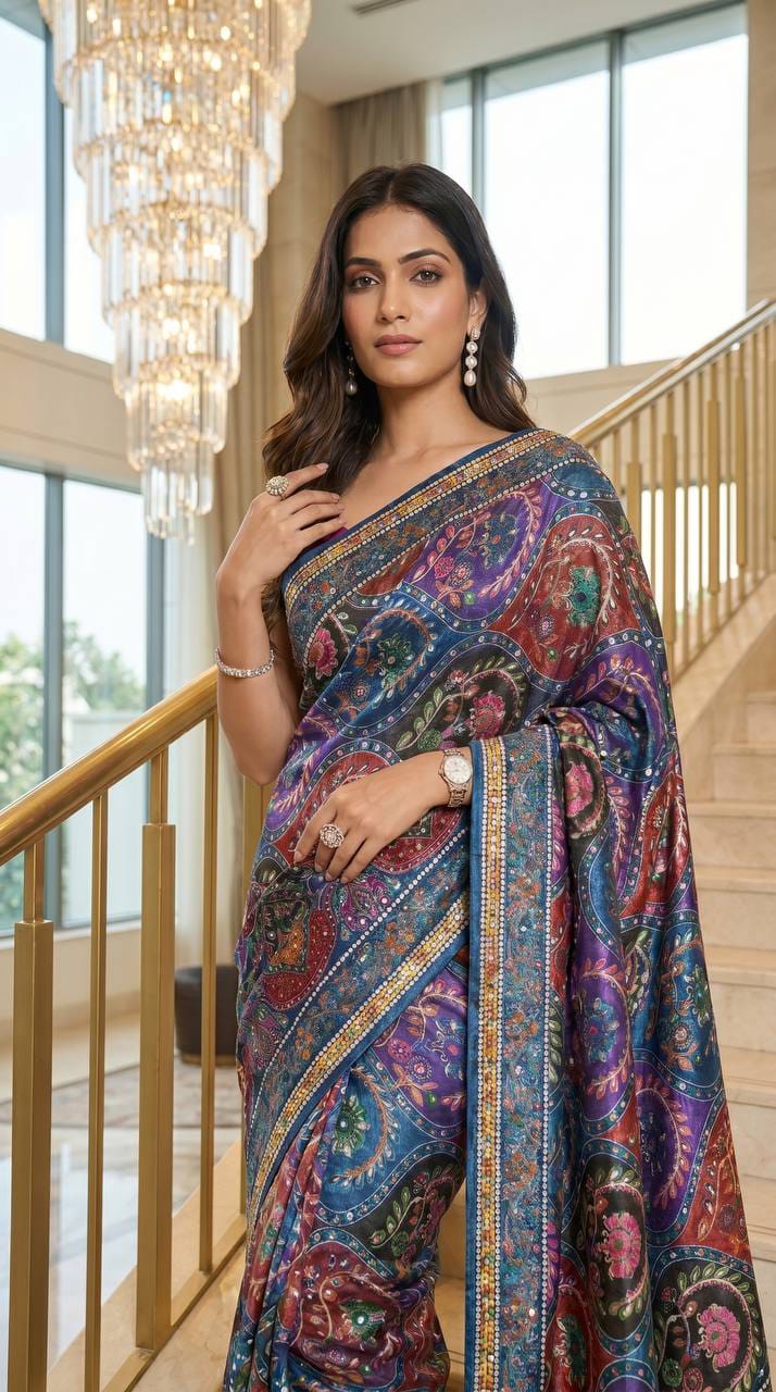Multicolor Modal Silk Saree with Real Mirror Work & Position Print
