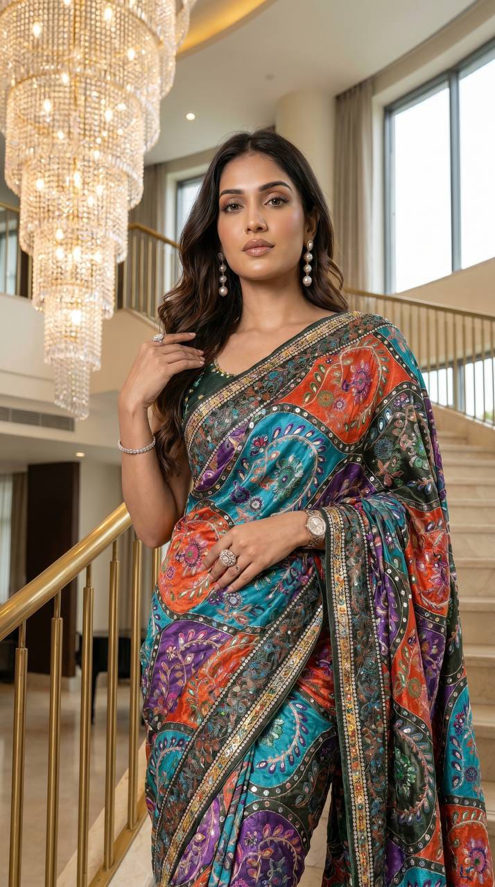 Multicolor Modal Silk Saree with Real Mirror Work & Position Print