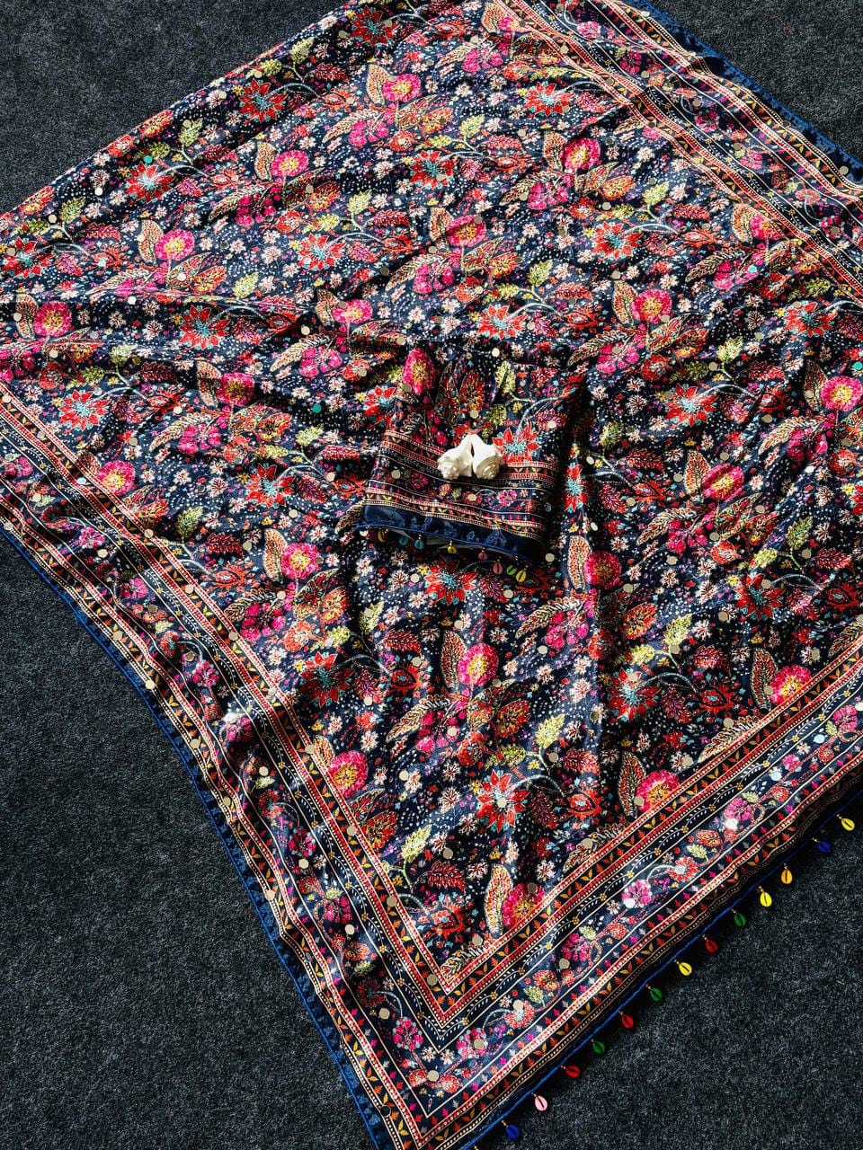 Navy Blue Floral Print Modal Silk Saree with Real Mirror Work