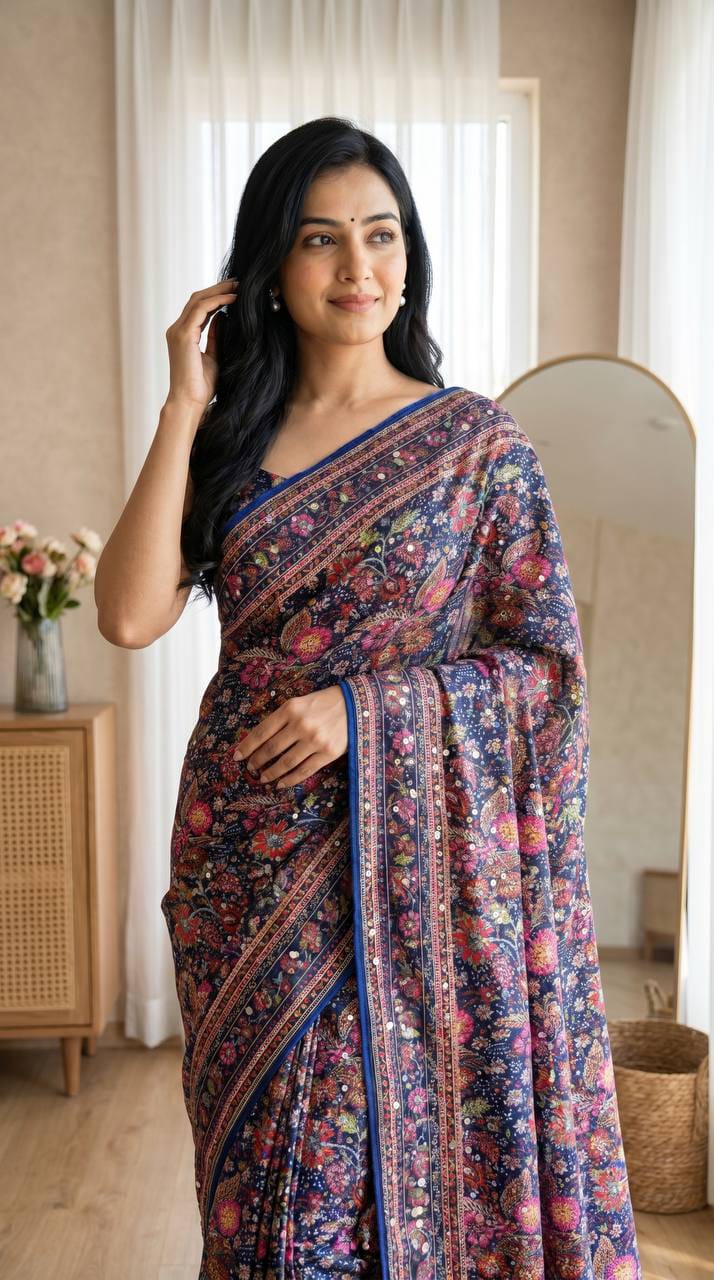 Navy Blue Floral Print Modal Silk Saree with Real Mirror Work