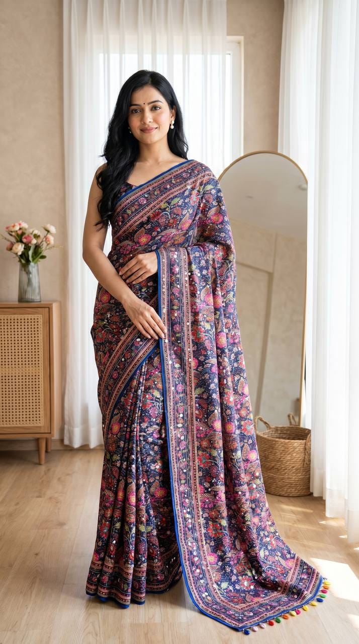 Navy Blue Floral Print Modal Silk Saree with Real Mirror Work