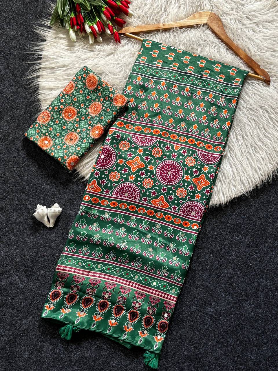 Ajrakh Print Semi Modal Silk Saree with Real Mirror Work