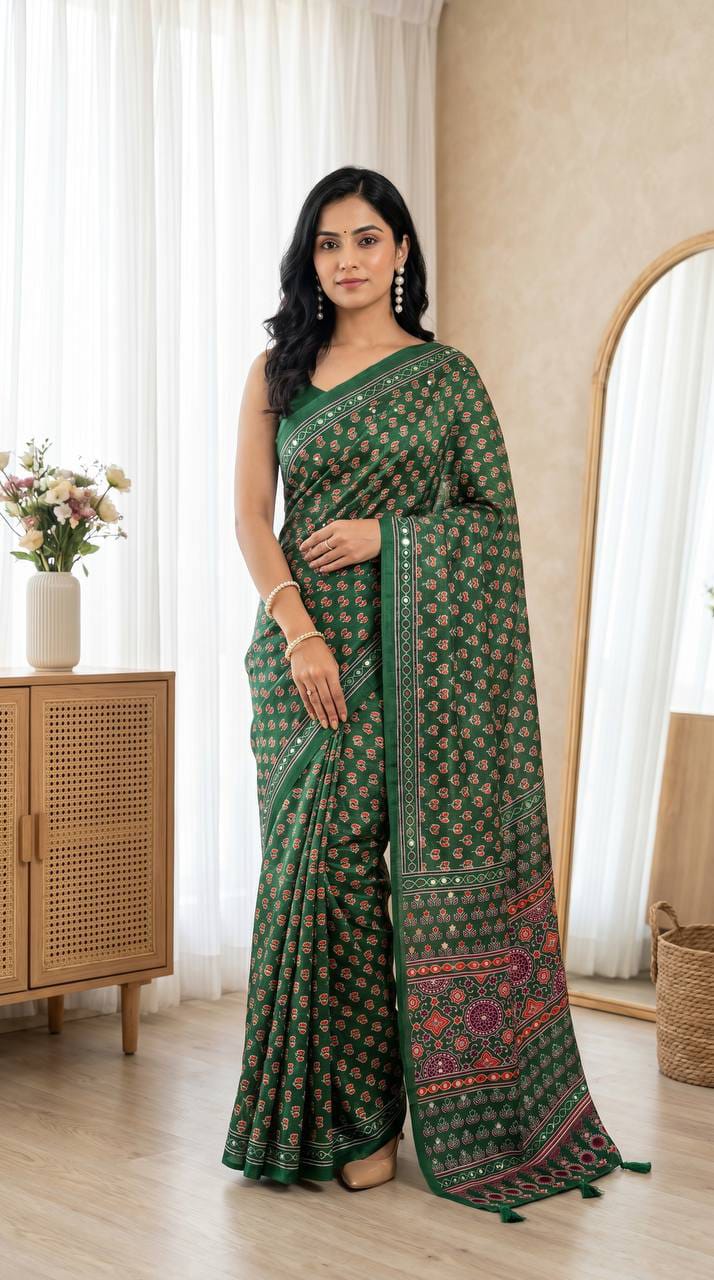 Ajrakh Print Semi Modal Silk Saree with Real Mirror Work