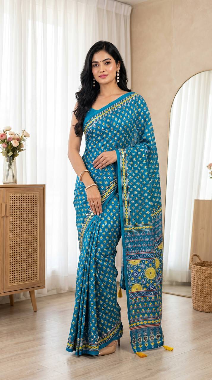 Ajrakh Print Semi Modal Silk Saree with Real Mirror Work