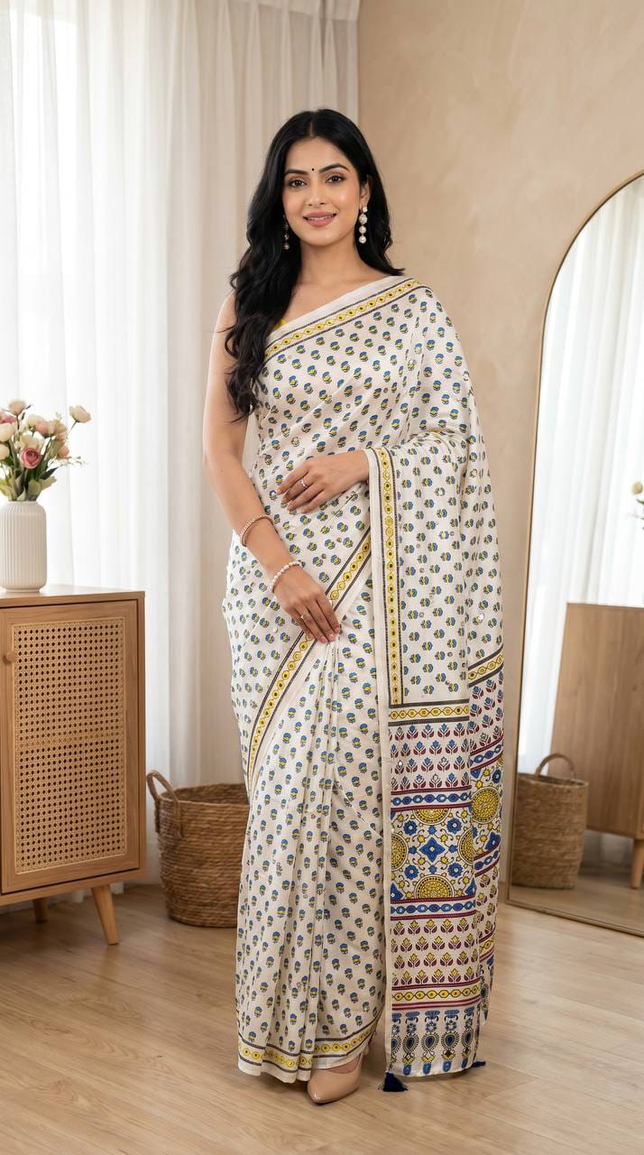 Ajrakh Print Semi Modal Silk Saree with Real Mirror Work