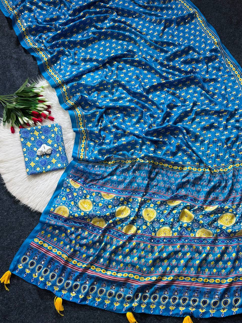 Ajrakh Print Semi Modal Silk Saree with Real Mirror Work