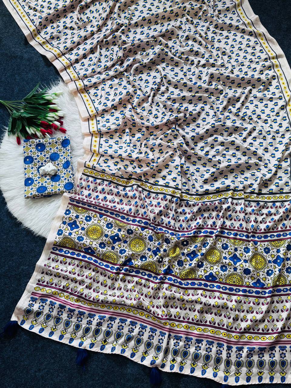 Ajrakh Print Semi Modal Silk Saree with Real Mirror Work