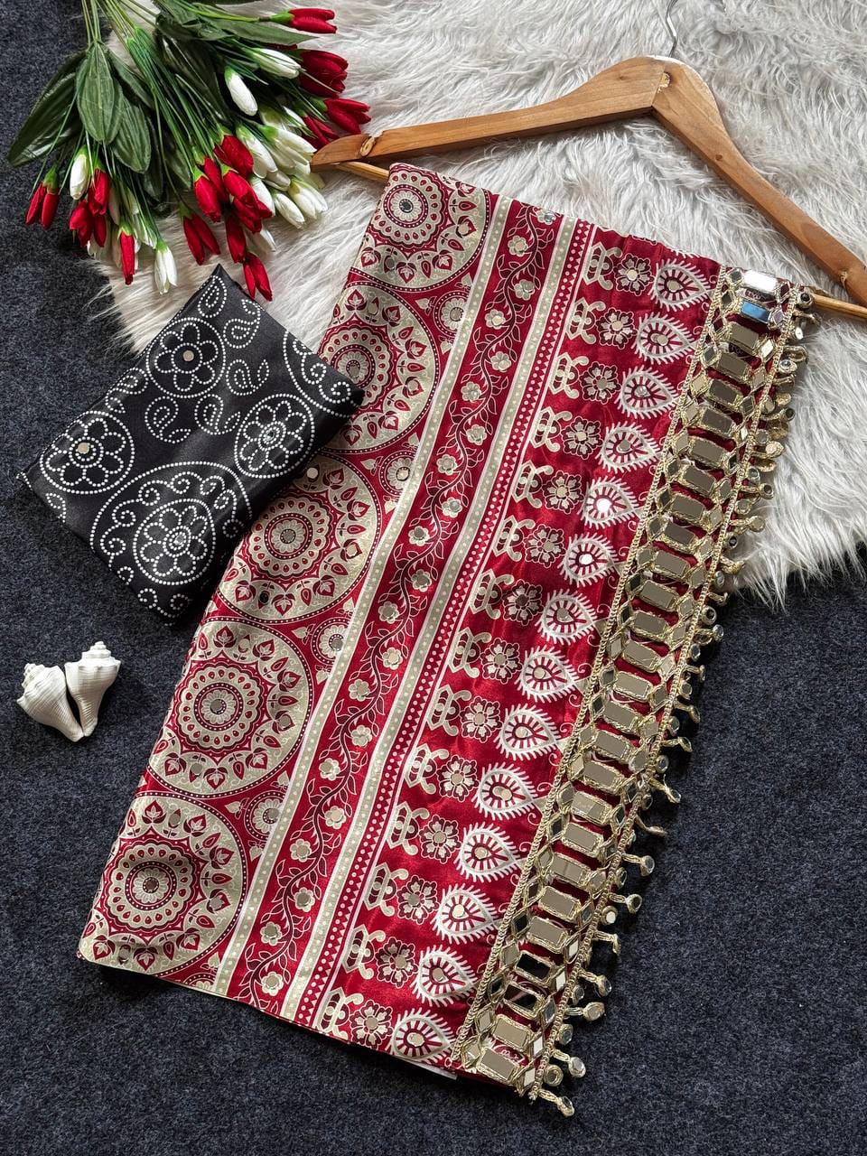 Ajrakh Print Modal Satin Silk Saree with Heavy Mirror Work