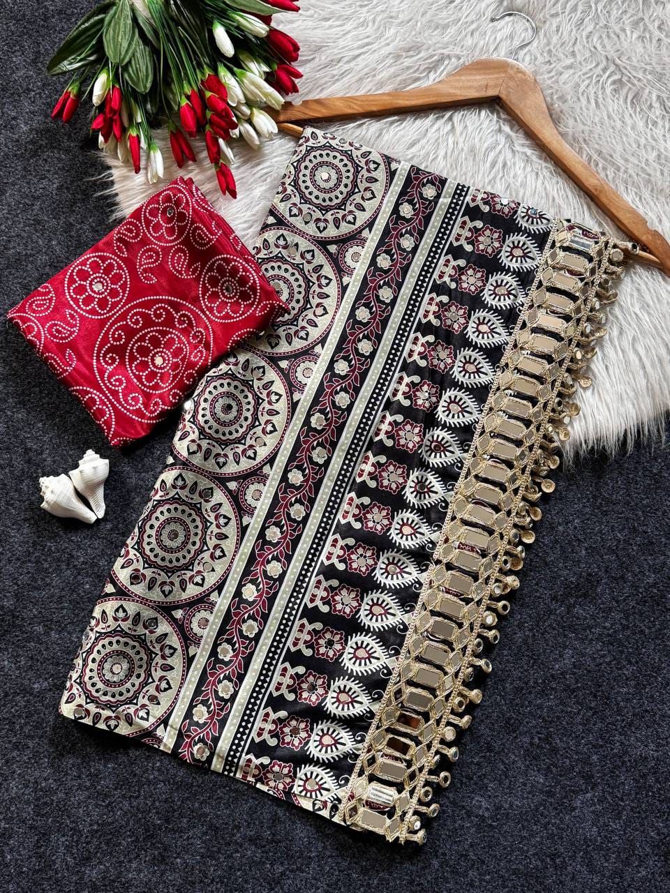 Ajrakh Print Modal Satin Silk Saree with Heavy Mirror Work