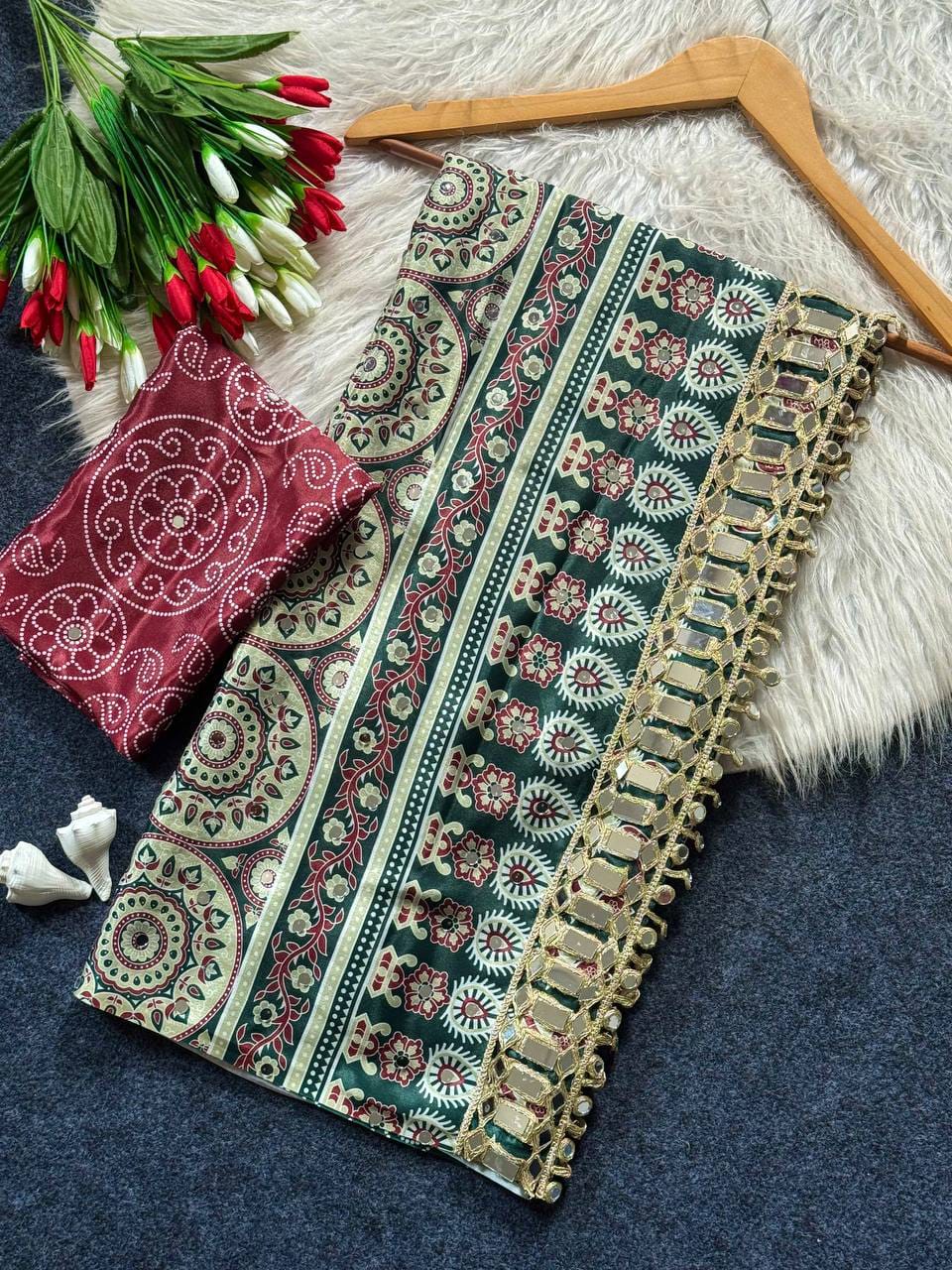 Ajrakh Print Modal Satin Silk Saree with Heavy Mirror Work