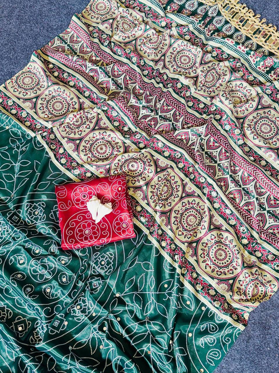 Ajrakh Print Modal Satin Silk Saree with Heavy Mirror Work