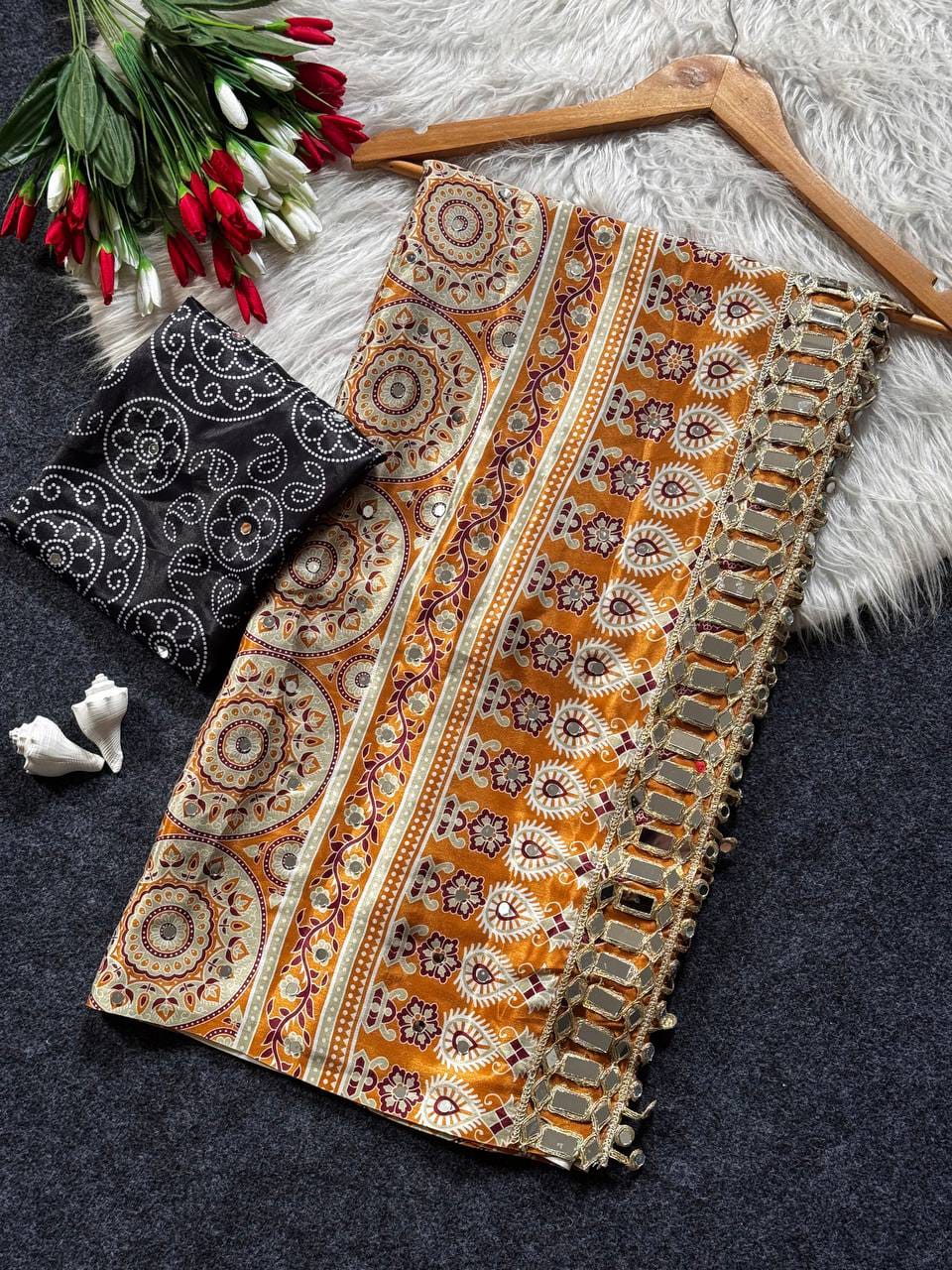 Ajrakh Print Modal Satin Silk Saree with Heavy Mirror Work