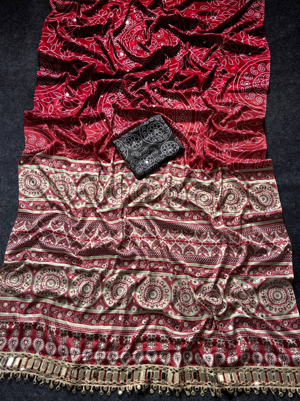 Ajrakh Print Modal Satin Silk Saree with Heavy Mirror Work