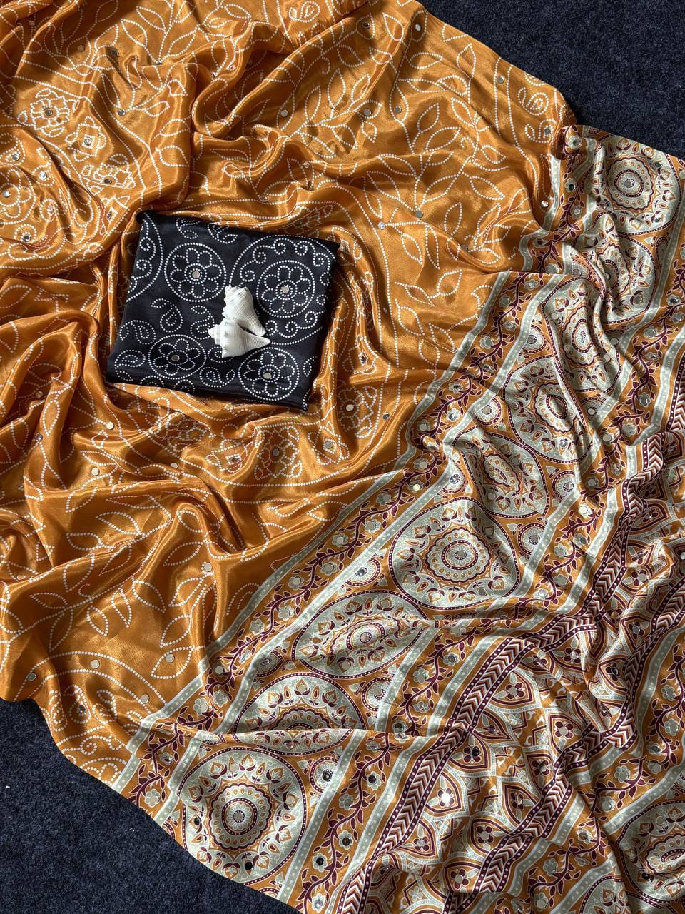 Ajrakh Print Modal Satin Silk Saree with Heavy Mirror Work