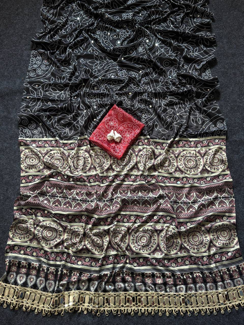 Ajrakh Print Modal Satin Silk Saree with Heavy Mirror Work