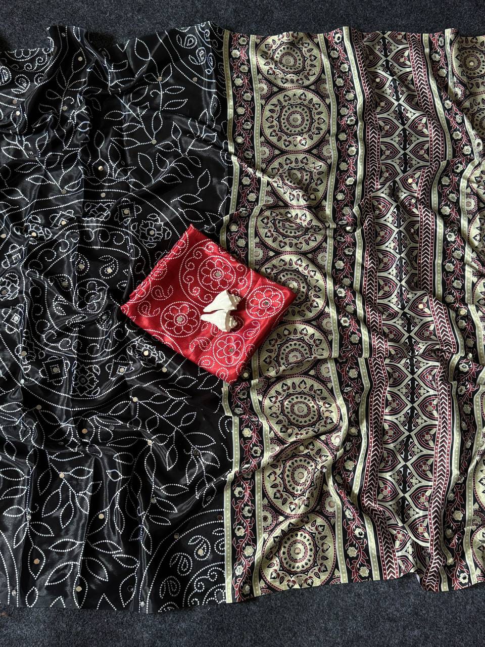 Ajrakh Print Modal Satin Silk Saree with Heavy Mirror Work