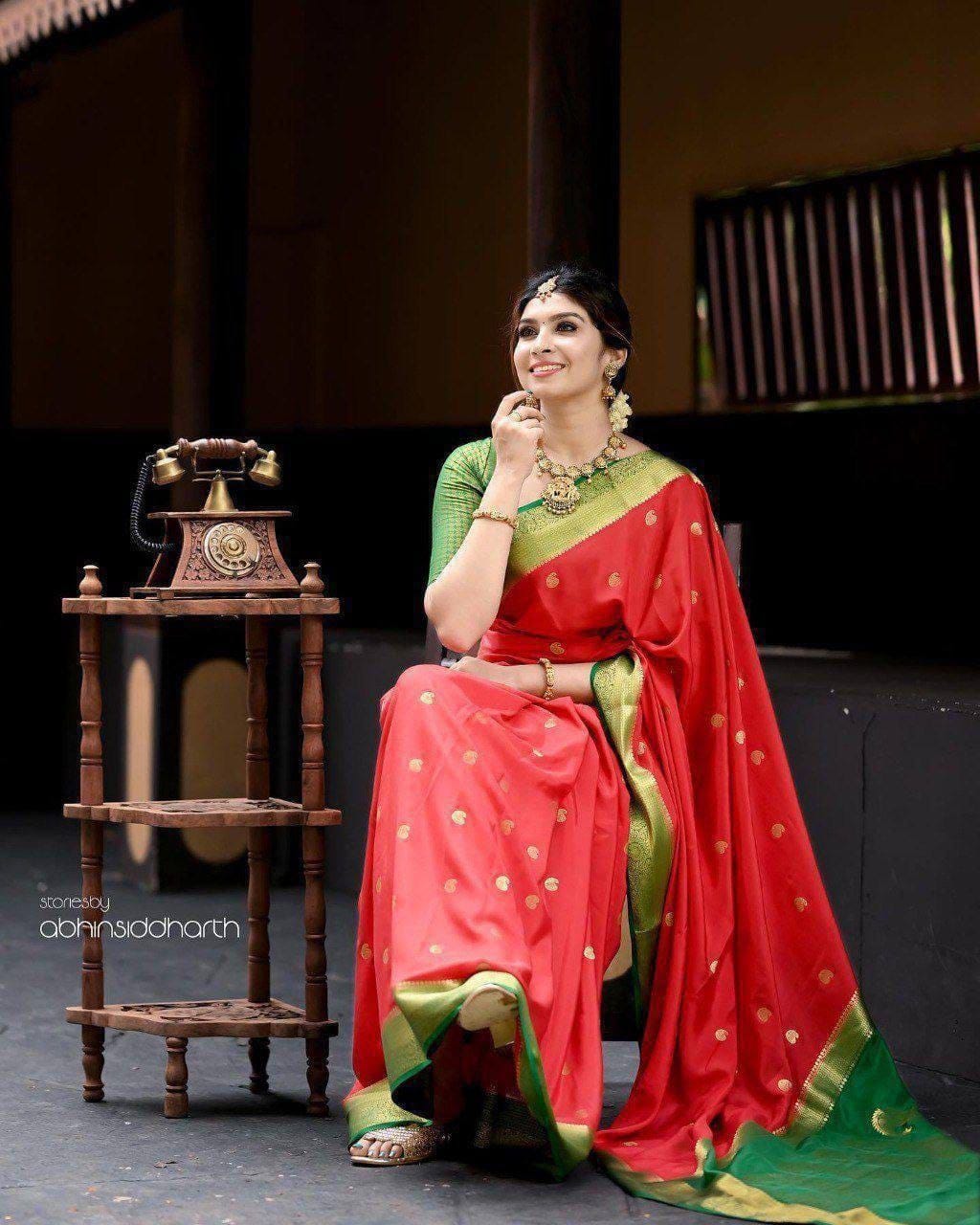 Red & Green Lichi Silk Jacquard Saree with Rich Pallu