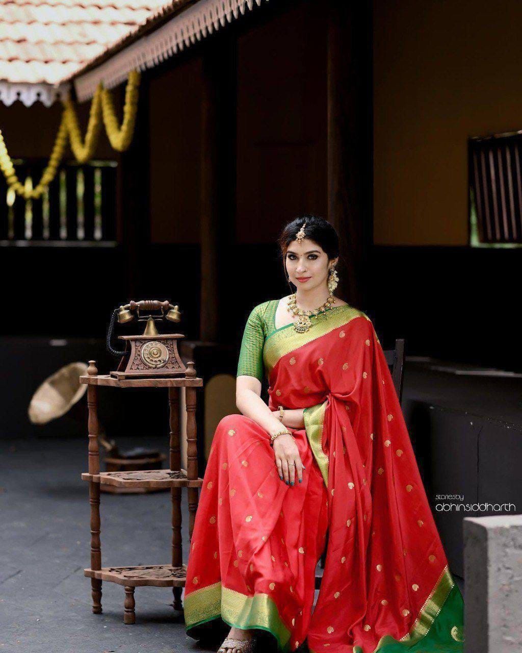 Red & Green Lichi Silk Jacquard Saree with Rich Pallu