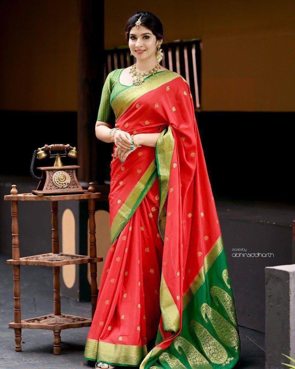 Red & Green Lichi Silk Jacquard Saree with Rich Pallu