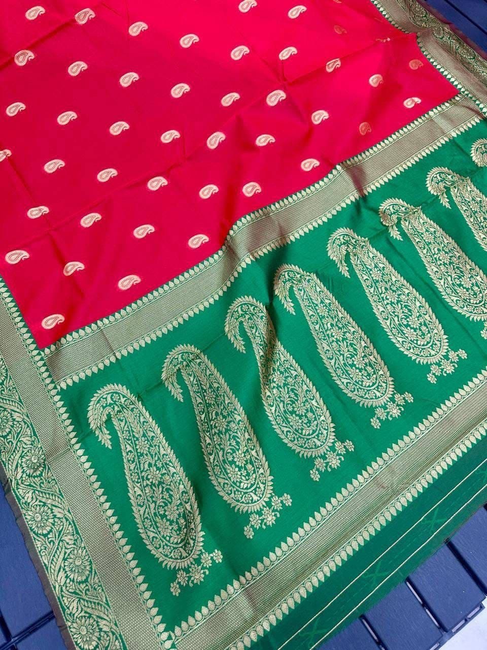 Red & Green Lichi Silk Jacquard Saree with Rich Pallu