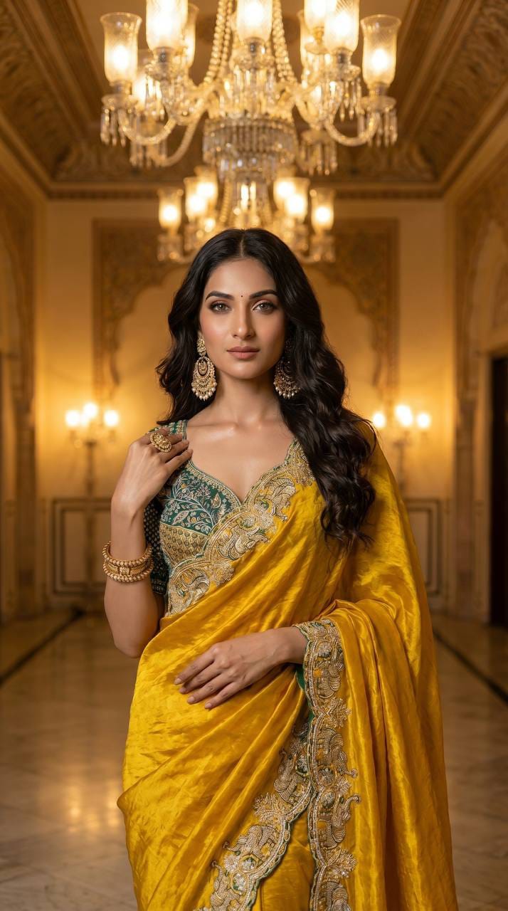 Elephant Embroidery Soft Satin Saree with Readymade Blouse