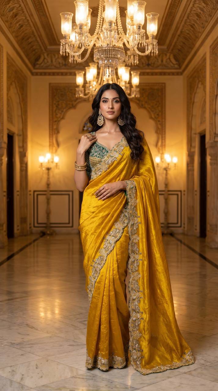 Elephant Embroidery Soft Satin Saree with Readymade Blouse