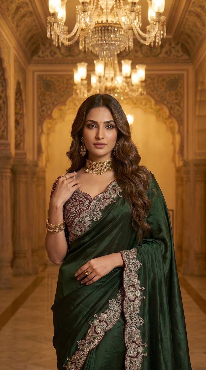 Elephant Embroidery Soft Satin Saree with Readymade Blouse