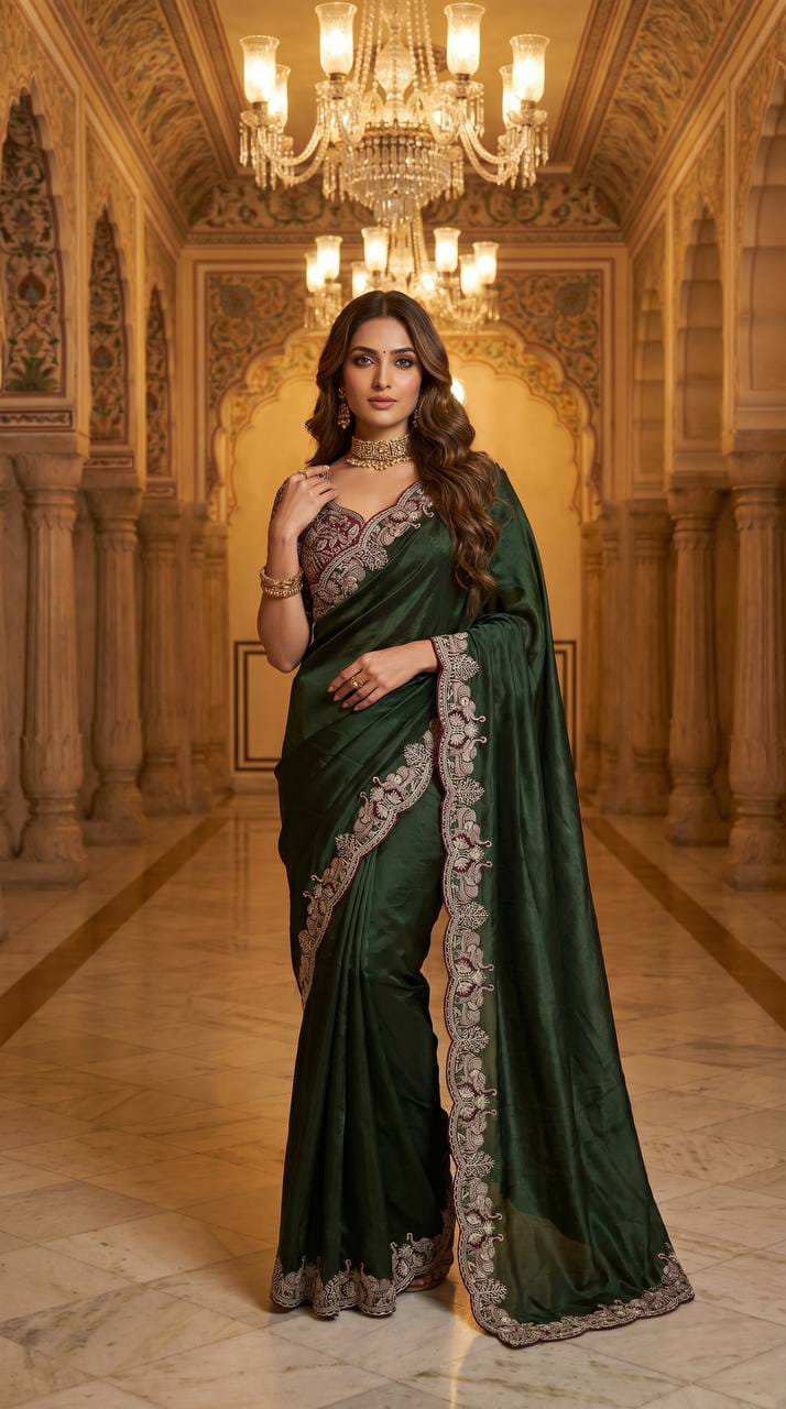 Elephant Embroidery Soft Satin Saree with Readymade Blouse