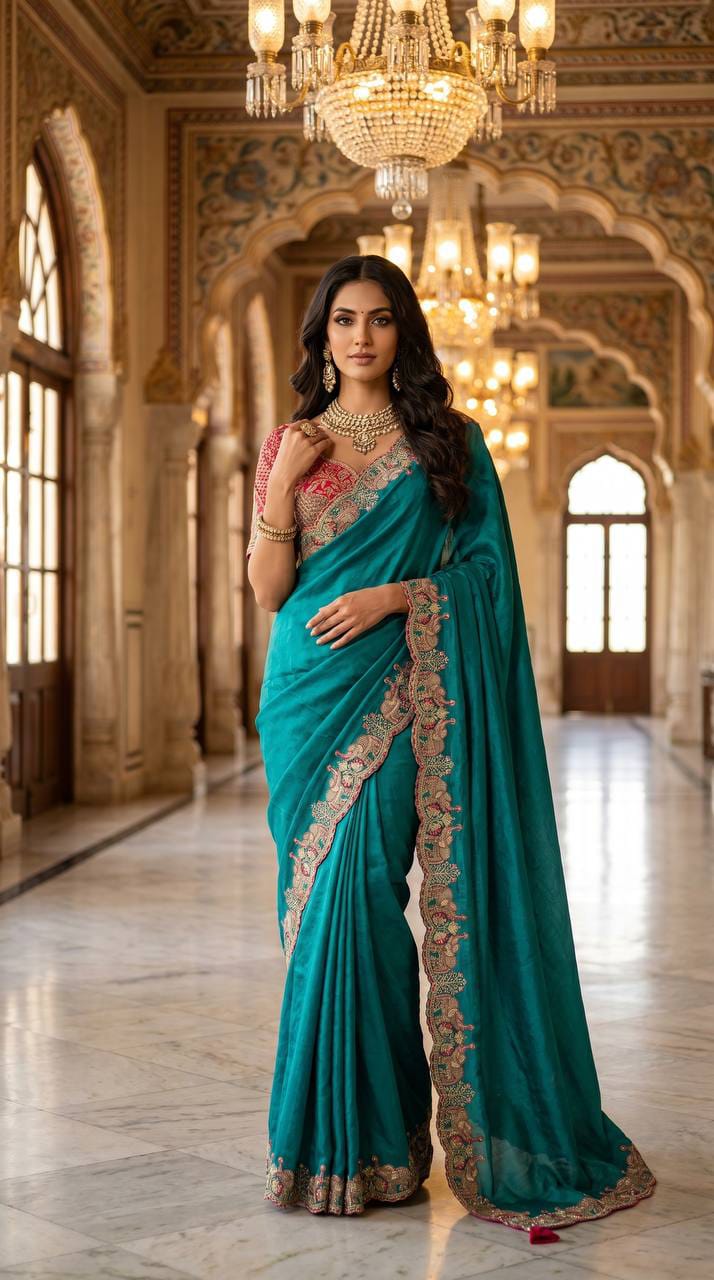 Elephant Embroidery Soft Satin Saree with Readymade Blouse