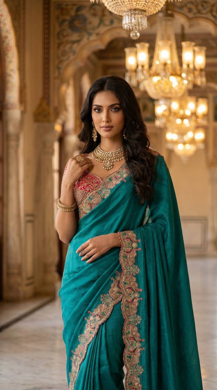 Elephant Embroidery Soft Satin Saree with Readymade Blouse