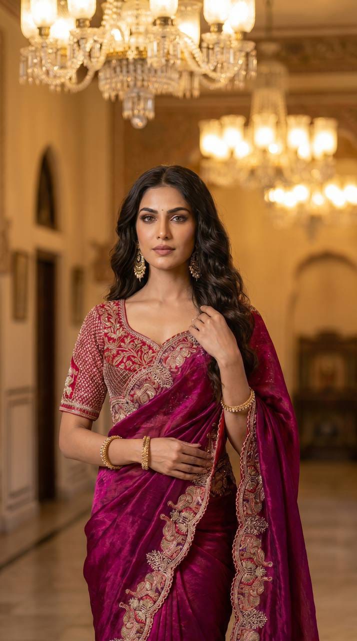 Elephant Embroidery Soft Satin Saree with Readymade Blouse