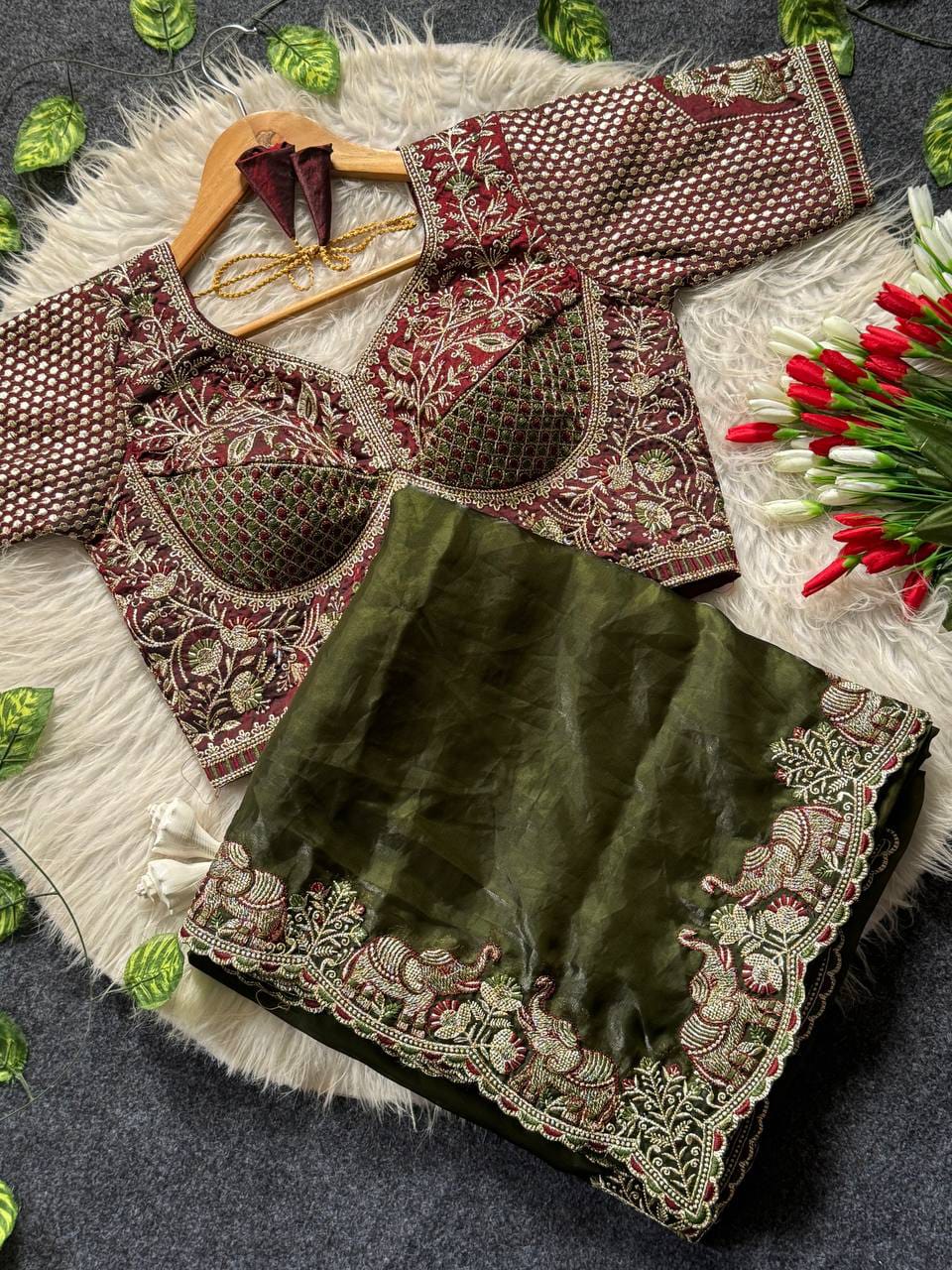 Elephant Embroidery Soft Satin Saree with Readymade Blouse