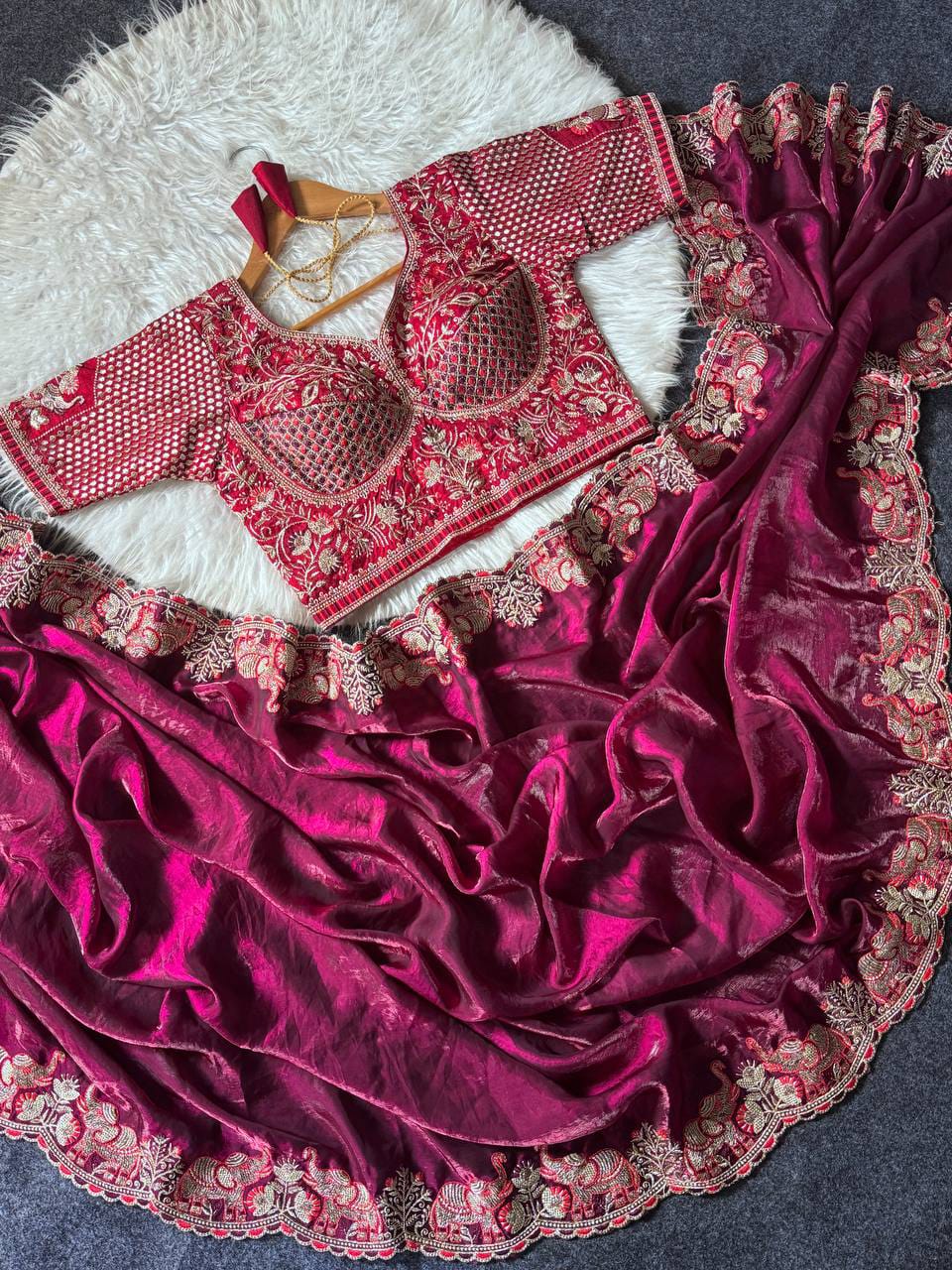 Elephant Embroidery Soft Satin Saree with Readymade Blouse