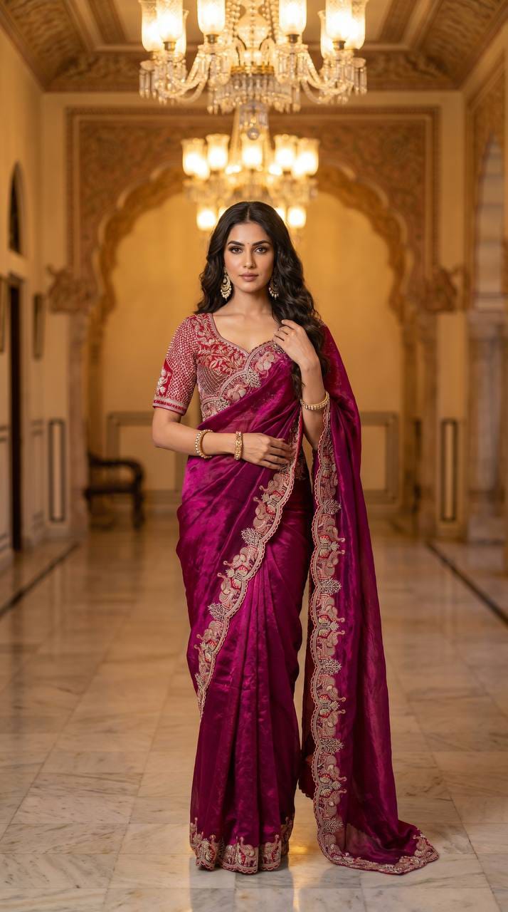 Elephant Embroidery Soft Satin Saree with Readymade Blouse