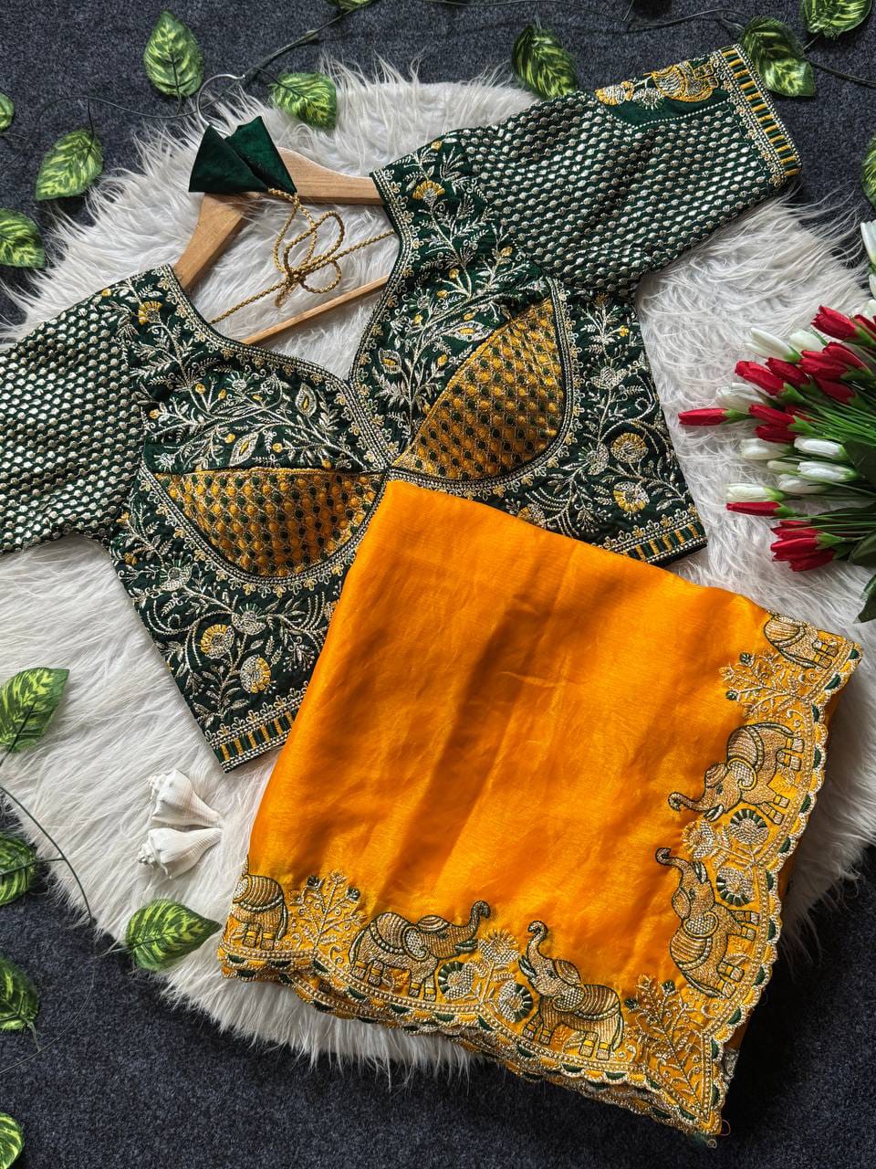 Elephant Embroidery Soft Satin Saree with Readymade Blouse