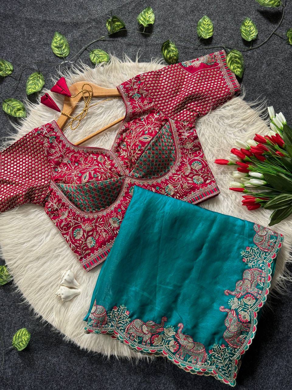 Elephant Embroidery Soft Satin Saree with Readymade Blouse