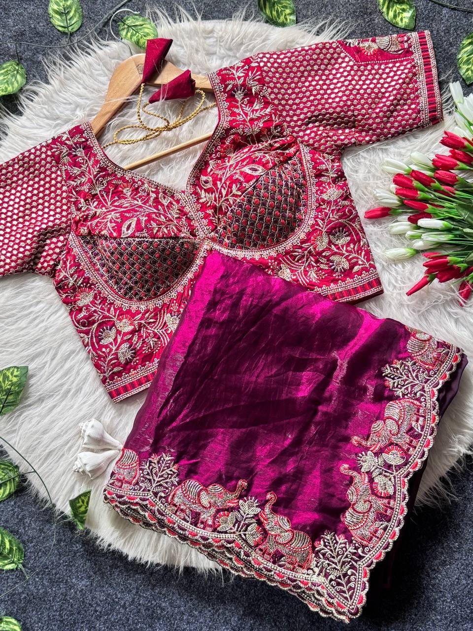 Elephant Embroidery Soft Satin Saree with Readymade Blouse