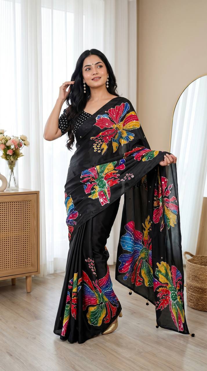 Black Floral Semi Modal Silk Saree with Mirror Work