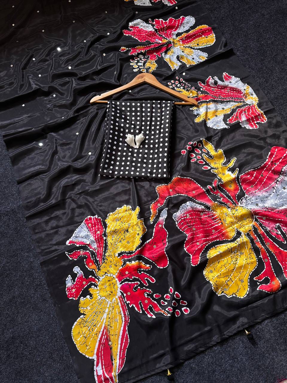 Black Floral Semi Modal Silk Saree with Mirror Work