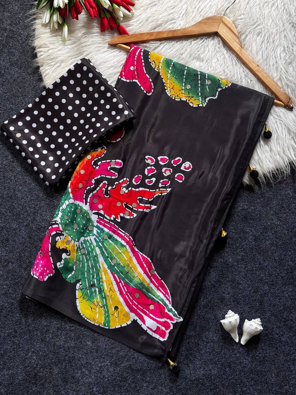 Black Floral Semi Modal Silk Saree with Mirror Work